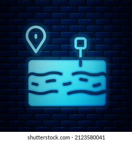 Glowing Neon Broken Road Icon Isolated On Brick Wall Background.  Vector