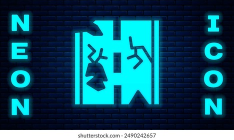 Glowing neon Broken road icon isolated on brick wall background.  Vector