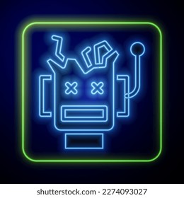 Glowing neon Broken robot icon isolated on blue background. Artificial intelligence, machine learning, cloud computing.  Vector
