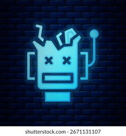 Icono de robot roto de neón brillante aislado en el fondo de la pared de ladrillo. Inteligencia artificial, aprendizaje automático, computación en la nube.  Vector