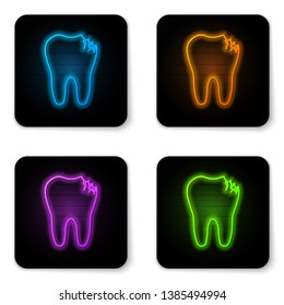 Glowing neon Broken tooth icon isolated on white background. Dental problem icon. Dental care symbol. Black square button. Vector Illustration