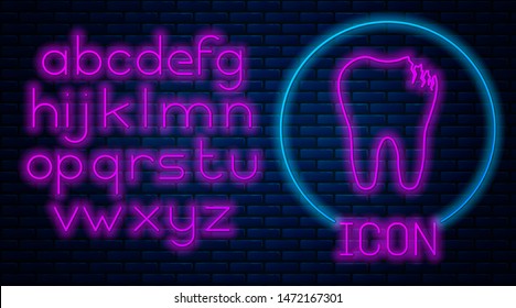 Glowing neon Broken tooth icon isolated on brick wall background. Dental problem icon. Dental care symbol. Neon light alphabet. Vector Illustration