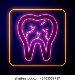 Glowing neon Broken tooth icon isolated on black background. Dental problem icon. Dental care symbol.  Vector