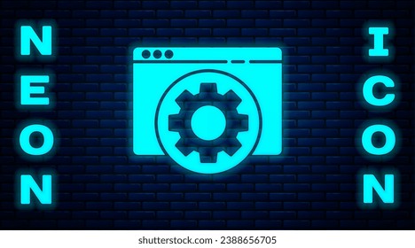 Glowing neon Browser setting icon isolated on brick wall background. Adjusting, service, maintenance, repair, fixing.  Vector Illustration