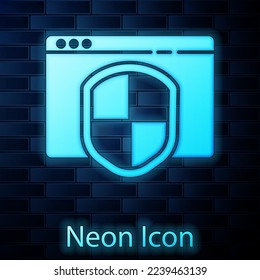 Glowing neon Browser with shield icon isolated on brick wall background. Security, safety, protection, privacy concept.  Vector Illustration