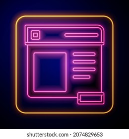 Icono de la ventana del navegador de neón brillante aislado en fondo negro.  Vector