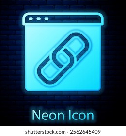 Glowing neon Browser window icon isolated on brick wall background.  Vector