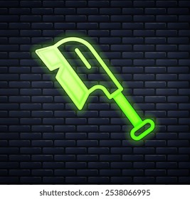 Glowing neon Brush for cleaning icon isolated on brick wall background. Cleaning service concept.  Vector