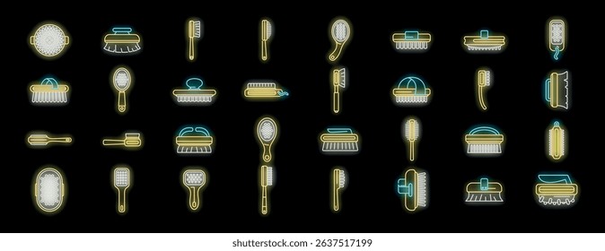 Glowing neon brushes illuminate the night, showcasing diverse tools for cleaning and grooming