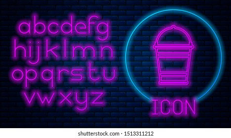 Glowing neon Bucket icon isolated on brick wall background. Neon light alphabet. Vector Illustration