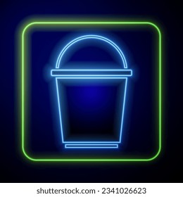 Glowing neon Bucket icon isolated on blue background.  Vector