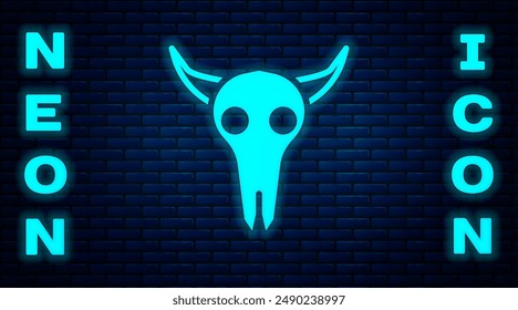 Glowing neon Buffalo skull icon isolated on brick wall background.  Vector Illustration