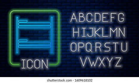 Glowing neon Bunk bed icon isolated on brick wall background. Neon light alphabet. Vector Illustration