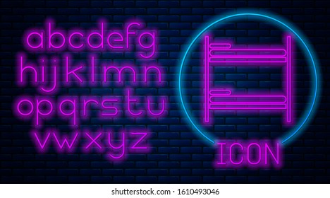 Glowing neon Bunk bed icon isolated on brick wall background. Neon light alphabet. Vector Illustration
