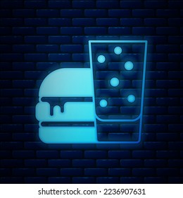Glowing neon Burger icon isolated on brick wall background. Hamburger icon. Cheeseburger sandwich sign. Fast food menu.  Vector