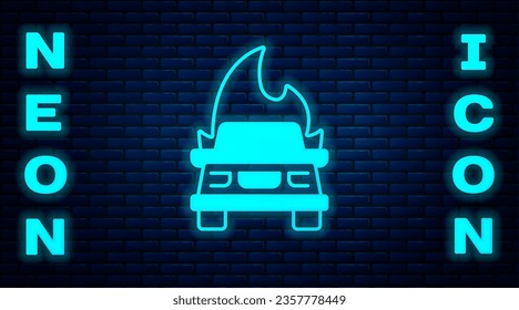 Glowing neon Burning car icon isolated on brick wall background. Insurance concept. Car on fire. Broken auto covered with fire and smoke.  Vector