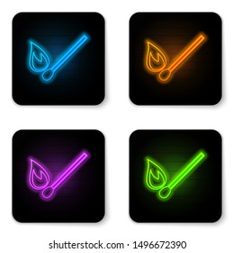 Glowing neon Burning match with fire icon isolated on white background. Match with fire. Matches sign. Black square button. Vector Illustration