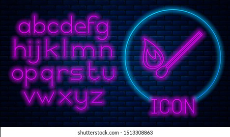 Glowing neon Burning match with fire icon isolated on brick wall background. Match with fire. Matches sign. Neon light alphabet. Vector Illustration