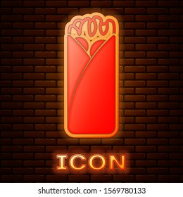 Glowing neon Burrito icon isolated on brick wall background. Traditional mexican fast food.  Vector Illustration