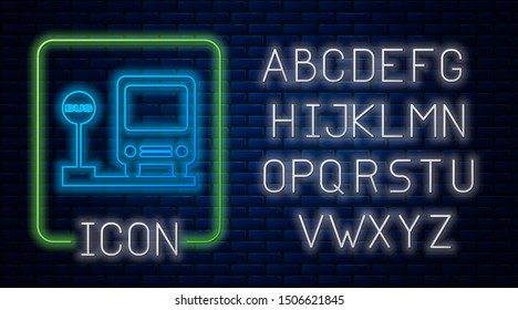 Glowing neon Bus stop icon isolated on brick wall background. Transportation concept. Bus tour transport sign. Tourism or public vehicle symbol. Neon light alphabet. Vector Illustration