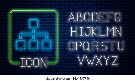 Glowing neon Business hierarchy organogram chart infographics icon isolated on brick wall background. Corporate organizational structure graphic elements. Neon light alphabet. Vector Illustration