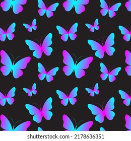 Glowing neon butterflies seamless pattern. Colorful holographic gradient design on black background