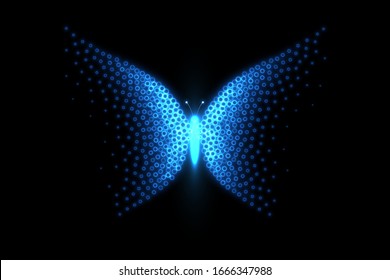 Glowing neon butterfly, composed from light particles. Vector illustration.