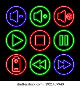 Glowing neon button icons on a dark background