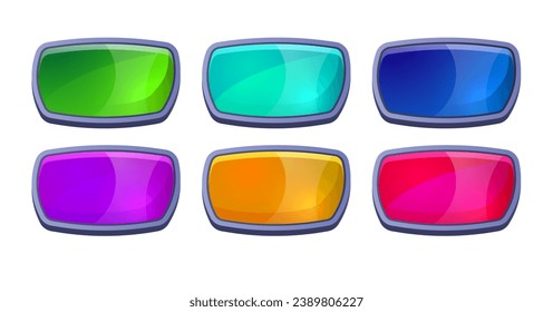 Glowing neon buttons set for games and web design, realistic render vector illustration isolated on white background. Bright banners or ui buttons designs bundle.