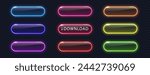 Glowing neon buttons for web design isolated on dark background. Realistic light frame border collection for web design, app, game and interface.