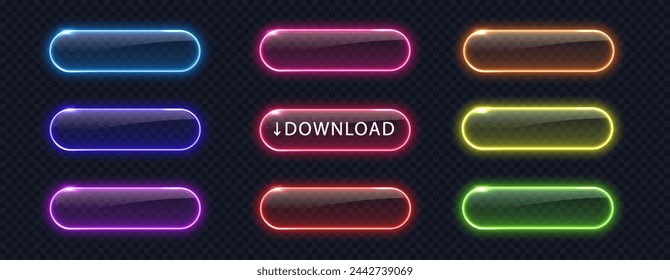 Glowing neon buttons for web design isolated on dark background. Realistic light frame border collection for web design, app, game and interface.