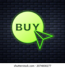 Glowing neon Buy button icon isolated on brick wall background.  Vector