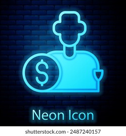Glowing neon Buy football or soccer player icon isolated on brick wall background.  Vector