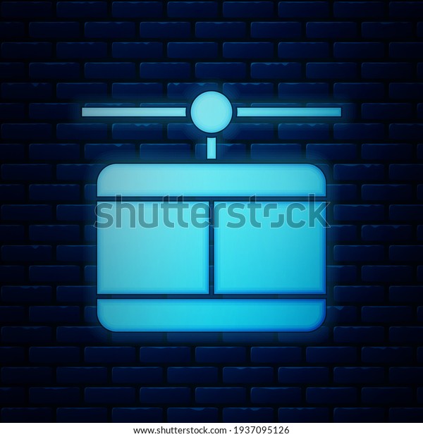 Glowing neon Cable car icon isolated on\
brick wall background. Funicular sign. \
Vector