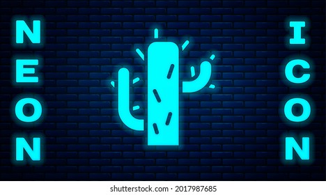 Glowing neon Cactus icon isolated on brick wall background.  Vector Illustration