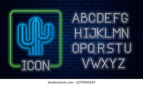 Glowing neon Cactus icon isolated on brick wall background. Neon light alphabet. Vector
