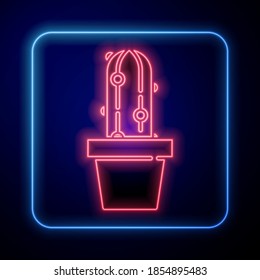 Glowing neon Cactus peyote in pot icon isolated on blue background. Plant growing in a pot. Potted plant sign.  Vector