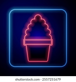 Glowing neon Cactus peyote in pot icon isolated on black background. Plant growing in a pot. Potted plant sign.  Vector