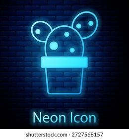 Glowing neon Cactus and succulent in pot icon isolated on brick wall background. Plant growing in a pot. Potted plant sign.  Vector