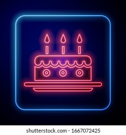 Glowing neon Cake with burning candles icon isolated on blue background. Happy Birthday.  Vector Illustration