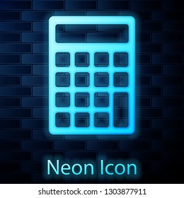 Glowing neon Calculator icon isolated on brick wall background. Accounting symbol. Business calculations mathematics education and finance. Vector Illustration