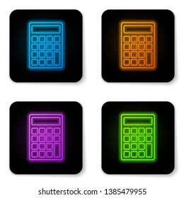 Glowing neon Calculator icon isolated on white background. Accounting symbol. Business calculations mathematics education and finance. Black square button. Vector Illustration