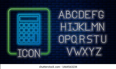 Glowing neon Calculator icon isolated on brick wall background. Accounting symbol. Business calculations mathematics education and finance. Neon light alphabet. Vector Illustration