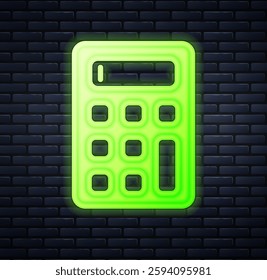 Glowing neon Calculator icon isolated on brick wall background. Accounting symbol. Business calculations mathematics education and finance.  Vector