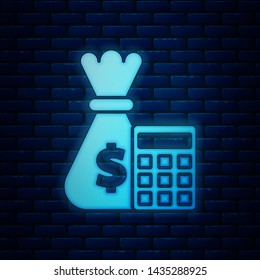 Glowing neon Calculator with money bag icon isolated on brick wall background. Accounting sign. Calculate finance symbol.  Vector Illustration