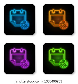 Glowing neon Calendar with check mark icon isolated on white background. Black square button. Vector Illustration