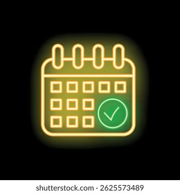 Glowing neon calendar with a check mark highlighting an important event date