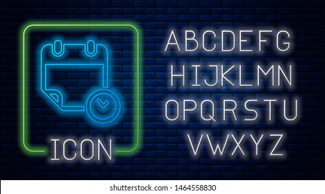 Glowing neon Calendar and clock icon isolated on brick wall background. Schedule, appointment, organizer, timesheet, time management, important date. Neon light alphabet. Vector Illustration