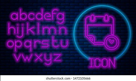 Glowing neon Calendar and clock icon isolated on brick wall background. Schedule, appointment, organizer, timesheet, time management, important date. Neon light alphabet. Vector Illustration