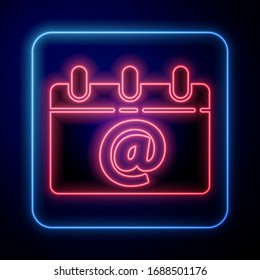 Glowing neon Calendar with email icon isolated on blue background. Envelope symbol e-mail. Email message sign.  Vector Illustration